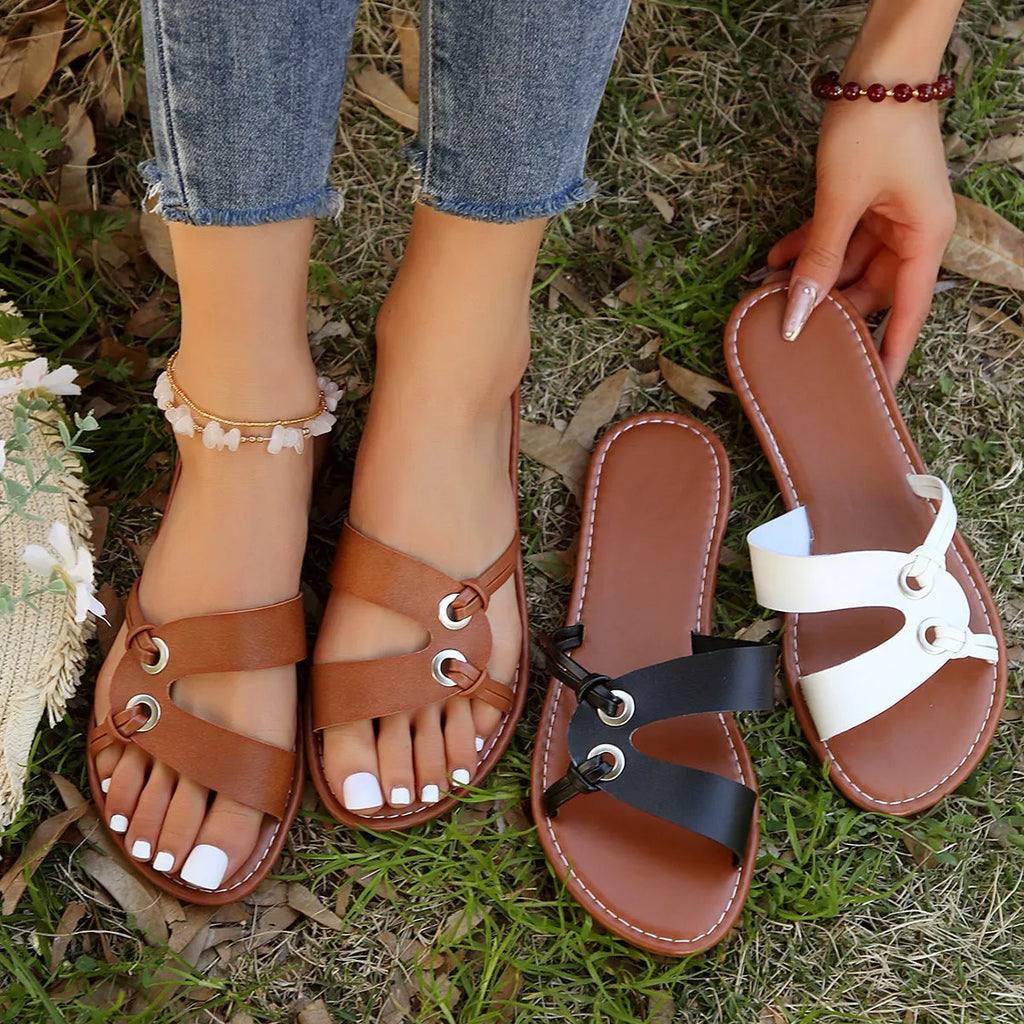 Women's round toe flat sandals with PU upper, rubber non-slip sole, in black light brown white, sizes 36-43