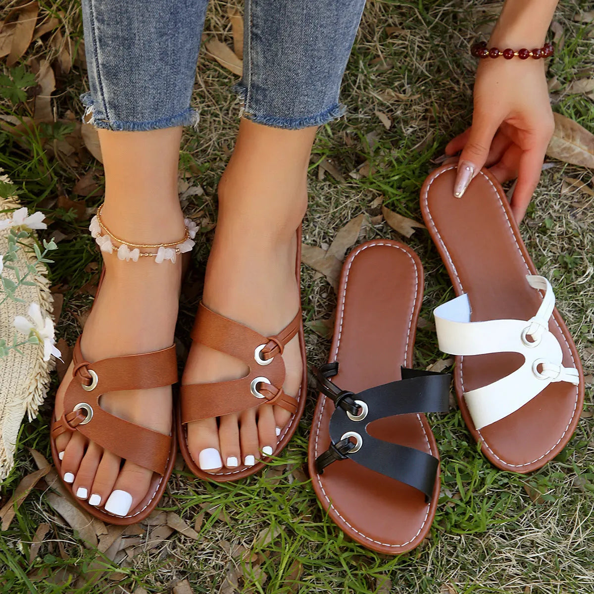 Women's round toe flat sandals with PU upper, rubber non-slip sole, in black light brown white, sizes 36-43