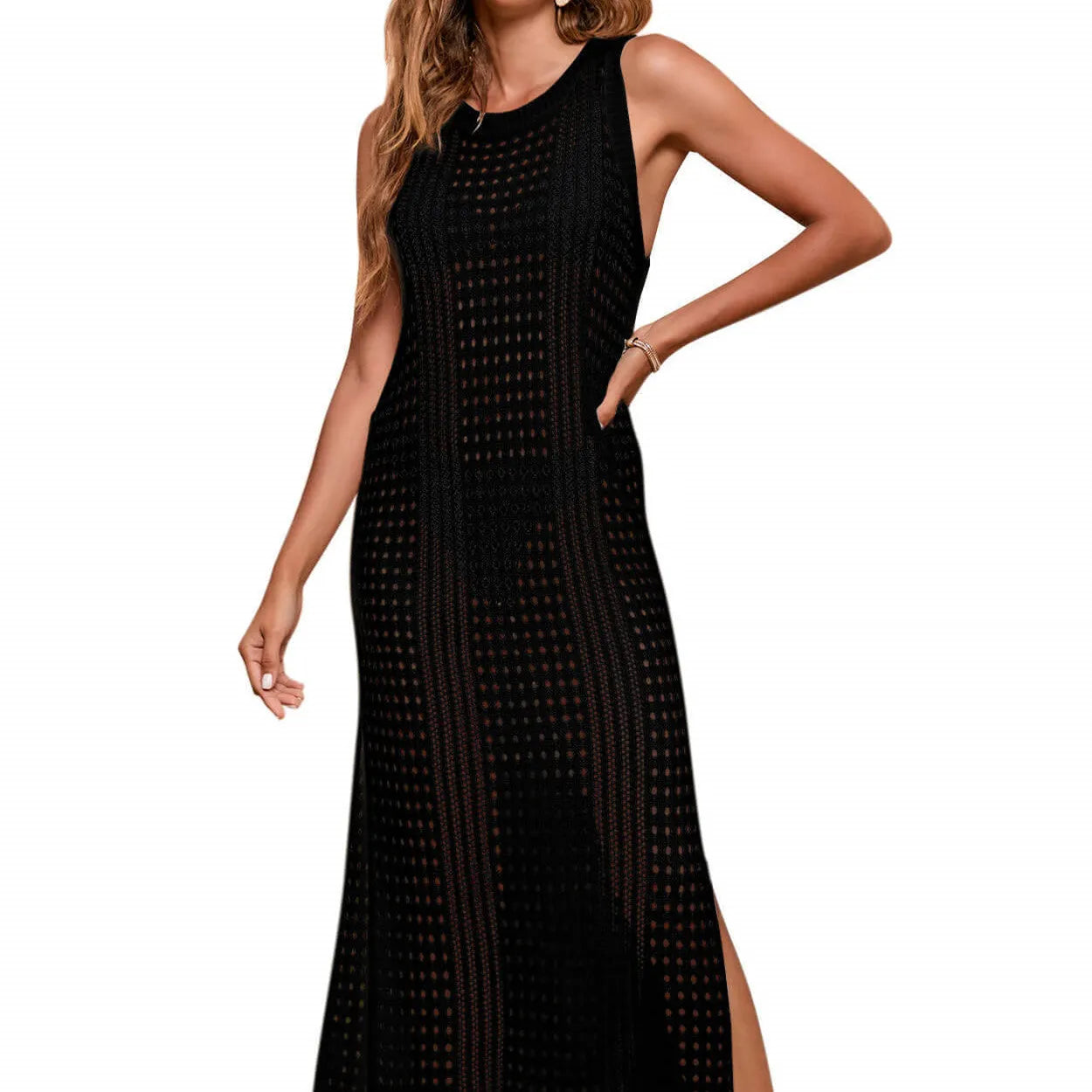 Long loose solid colour beach cover-up blouse with hollow-out knitted design on a hanger.