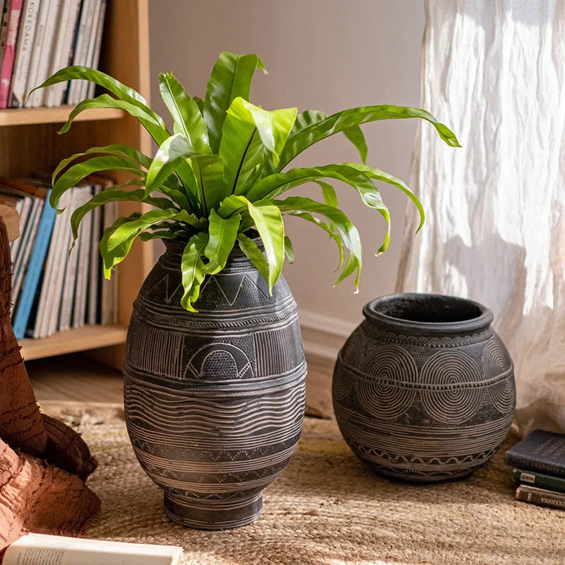 Cement African art ancient pot decorative flower pot medium size with drainage holes