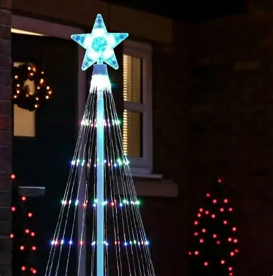 Multi-colour LED animated outdoor Christmas tree lights wrapped around a garden tree branch.