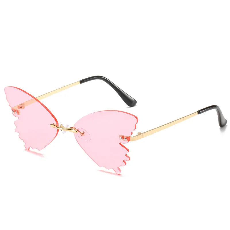 Butterfly rimless sunglasses with UV400 protection, vintage style, plastic and metal frame, available in blue green grey pink purple red yellow