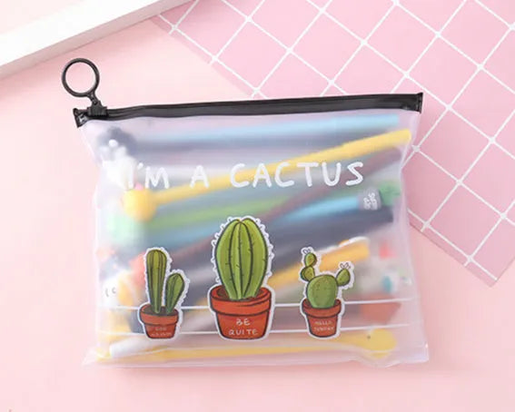 Marvel cartoon cactus pen case open showing 20 black 0.5mm gel ink pens with various cactus designs