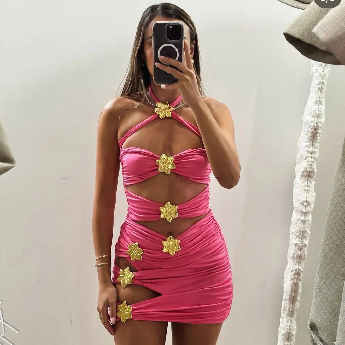 Women's solid colour one-piece swimsuit with high-waisted skirt and hollow-out tube top