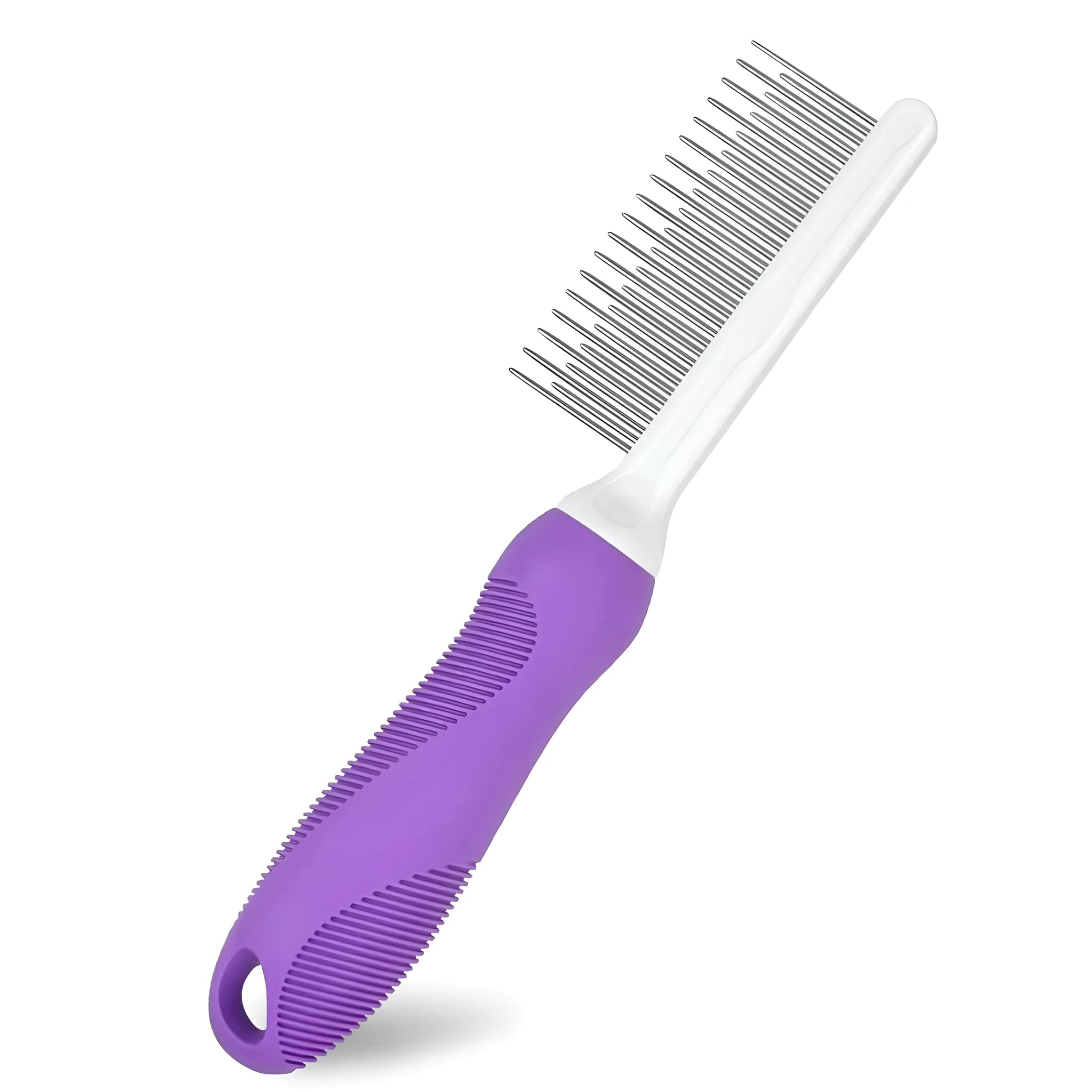 Purple pet detangling comb with stainless steel long and short teeth for dogs and cats