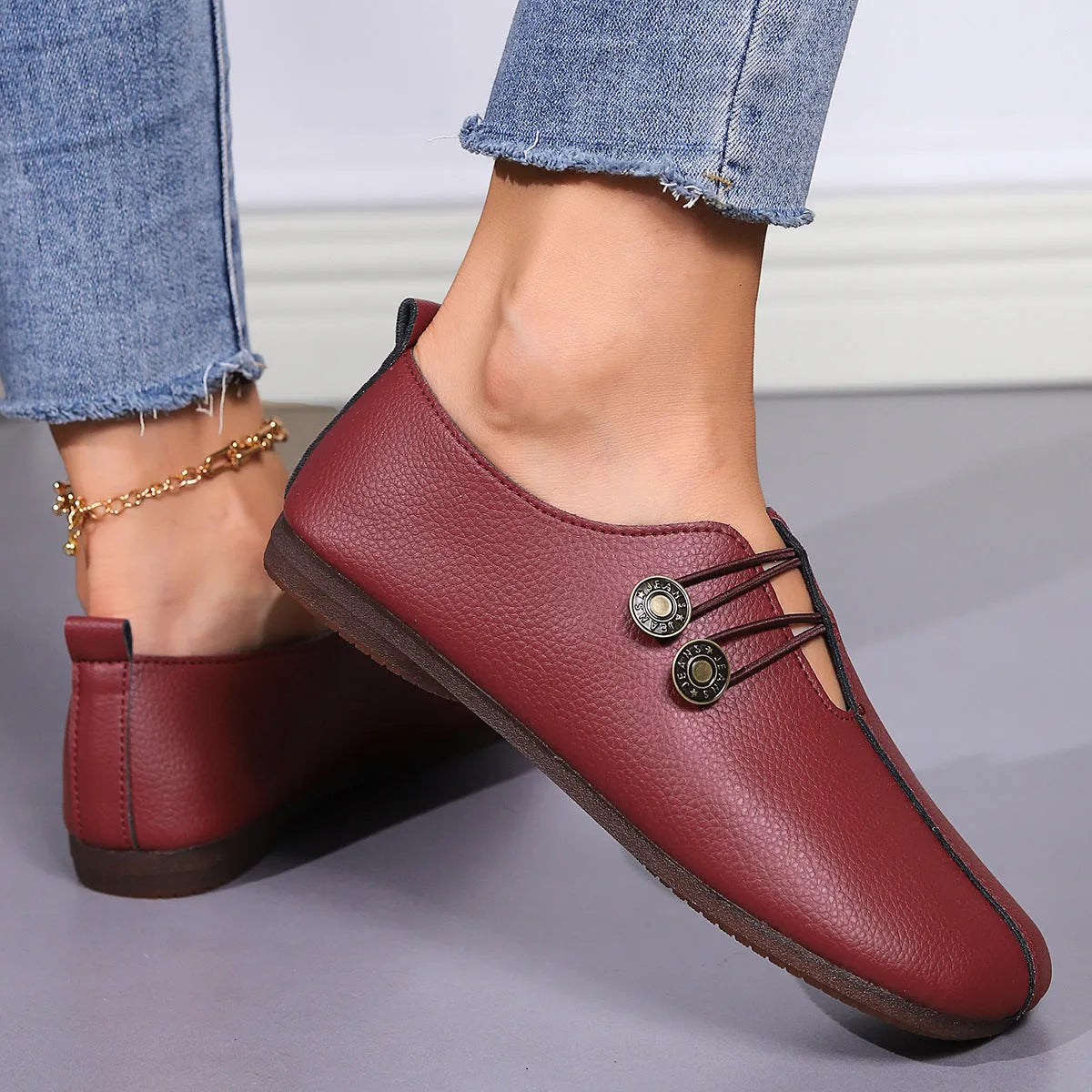 Women casual slip-on button loafers in beige with round toe and low top artificial PU upper