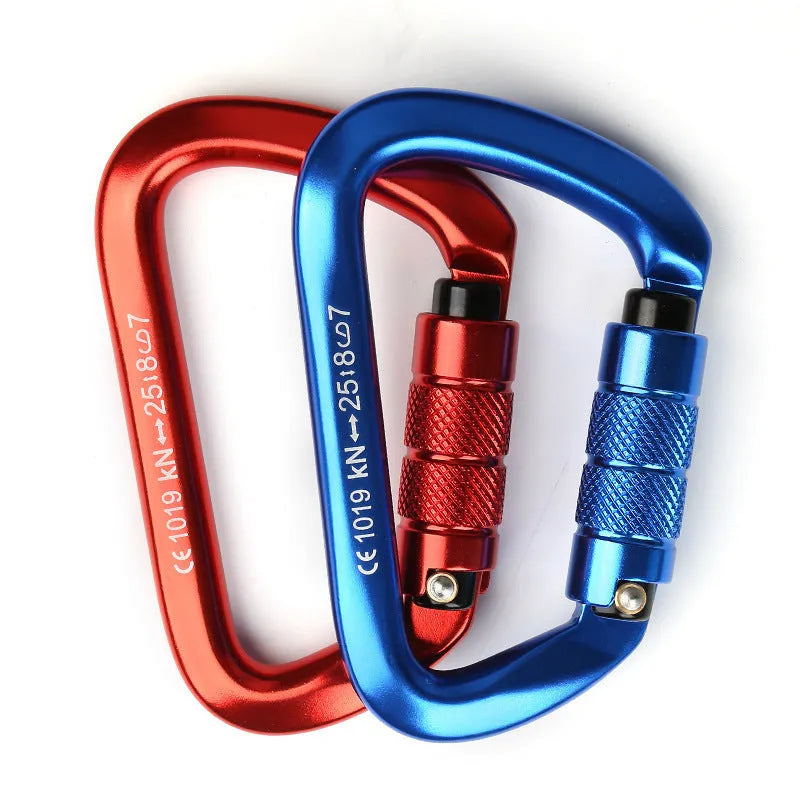 D-type rock climbing safety lock with automatic or threaded gate mechanism in various colours