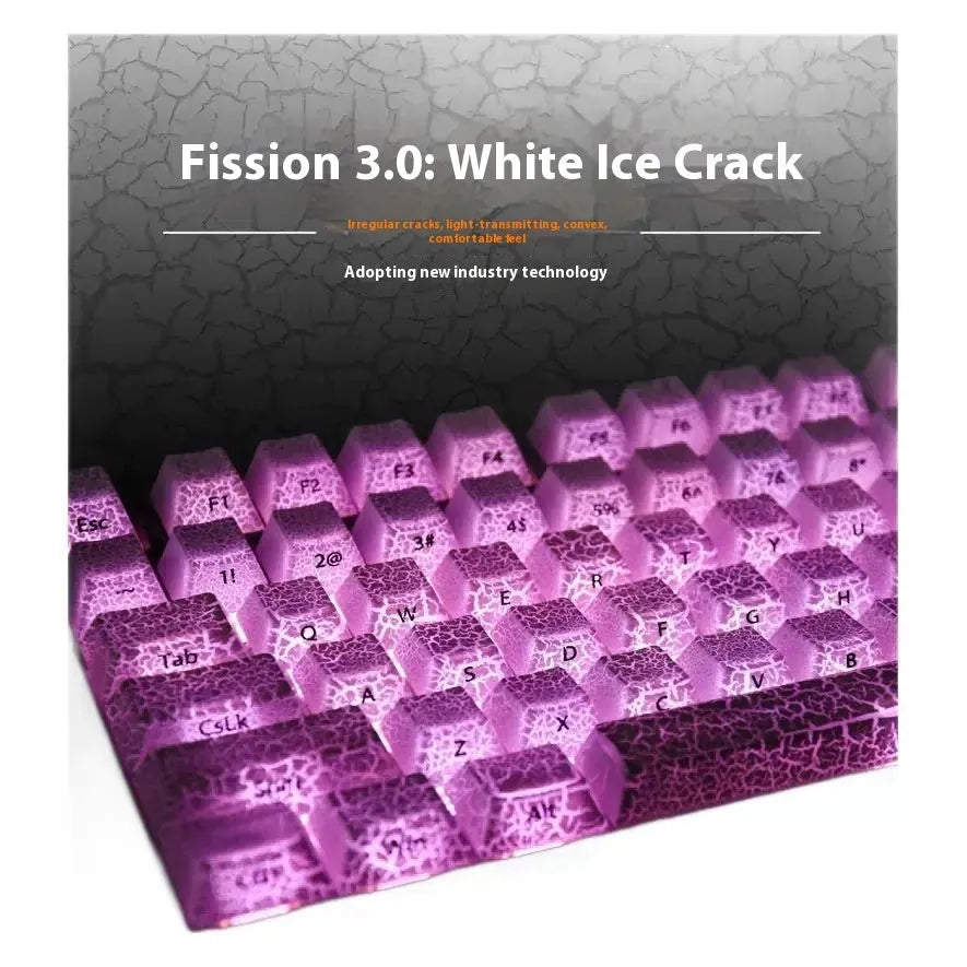 Transparent mechanical keyboard keycaps with white double-stitched lettering on clear PC material