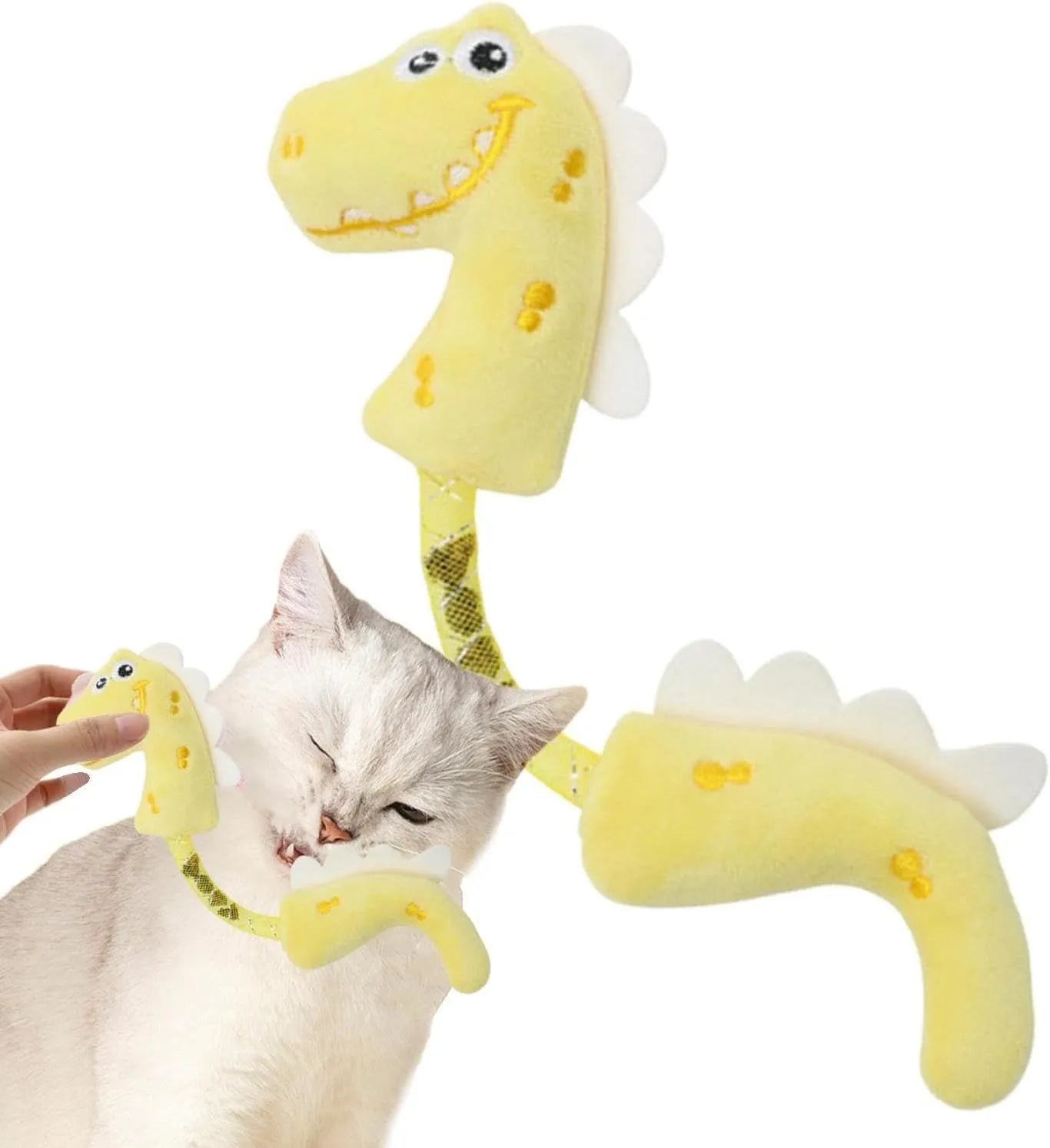 Four interactive cat toys including catnip rope, springs, plush mouse, fish, and bunny on white background