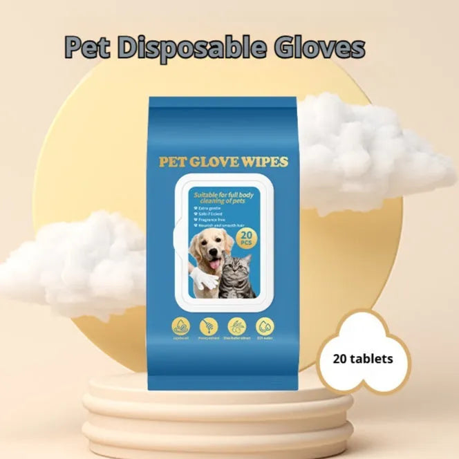 Pack of disposable pet gloves for washing cats and dogs, showing 20 piece count.