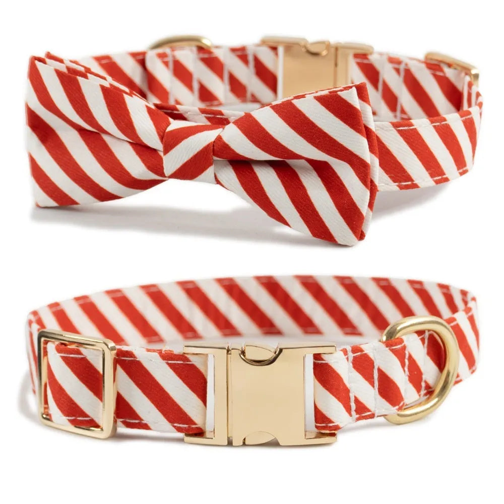 Striped polyester dog collar with engraving space and removable bow in green or red