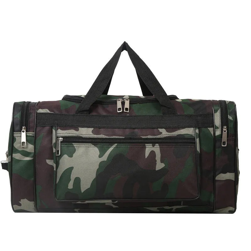 Camouflage coloured waterproof luggage bag with striped polyester lining.
