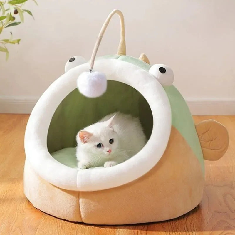 Grey deerskin velvet semi-closed cat house showing interior space and three size options