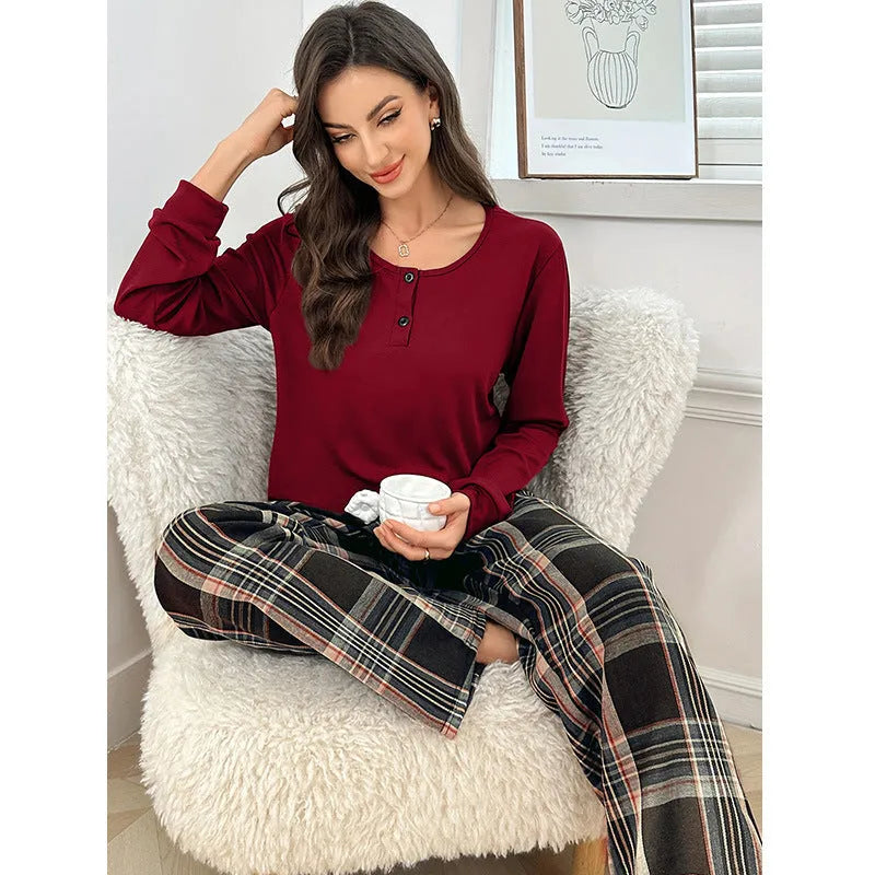Milk silk plaid pants and button pullover set in Brown or Wine Red, sizes S to XXL