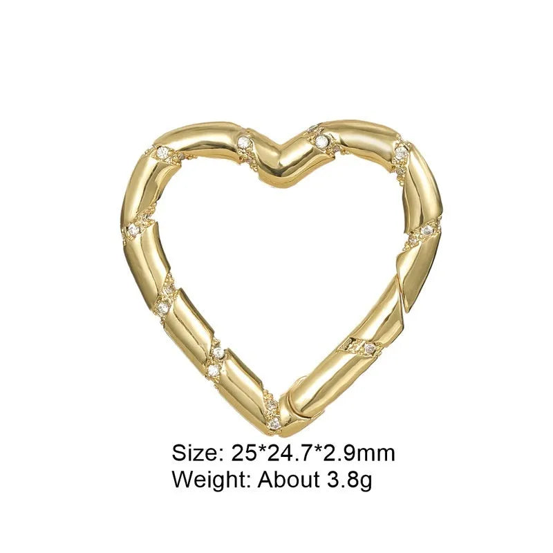 Copper climbing heart-shaped metal button with micro inlaid zircon stones, showing spring fastener and screw buckle style options.
