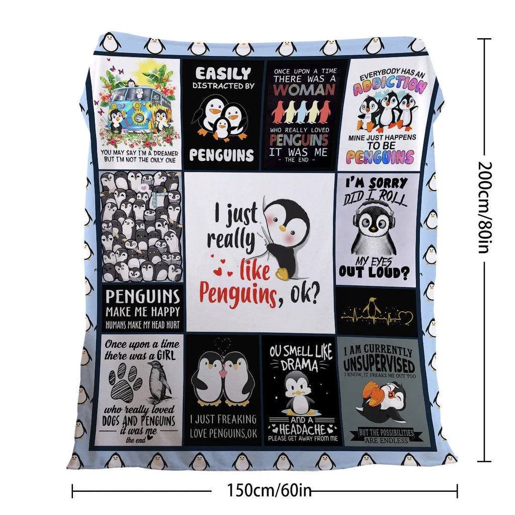 Multicoloured flannel throw blanket with penguin patterns, 130x150cm size on a sofa