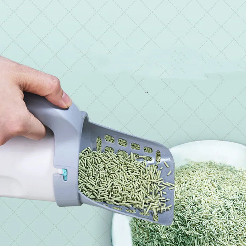 Integrated cat litter shovel set in advanced grey, PP plastic, 20 x 12 x 29cm, with storage box and litter bag option