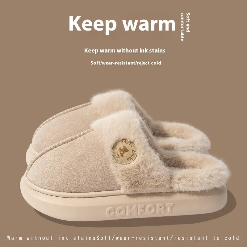 Winter warm plush slippers with thick PVC soles and fleece construction in multiple colours