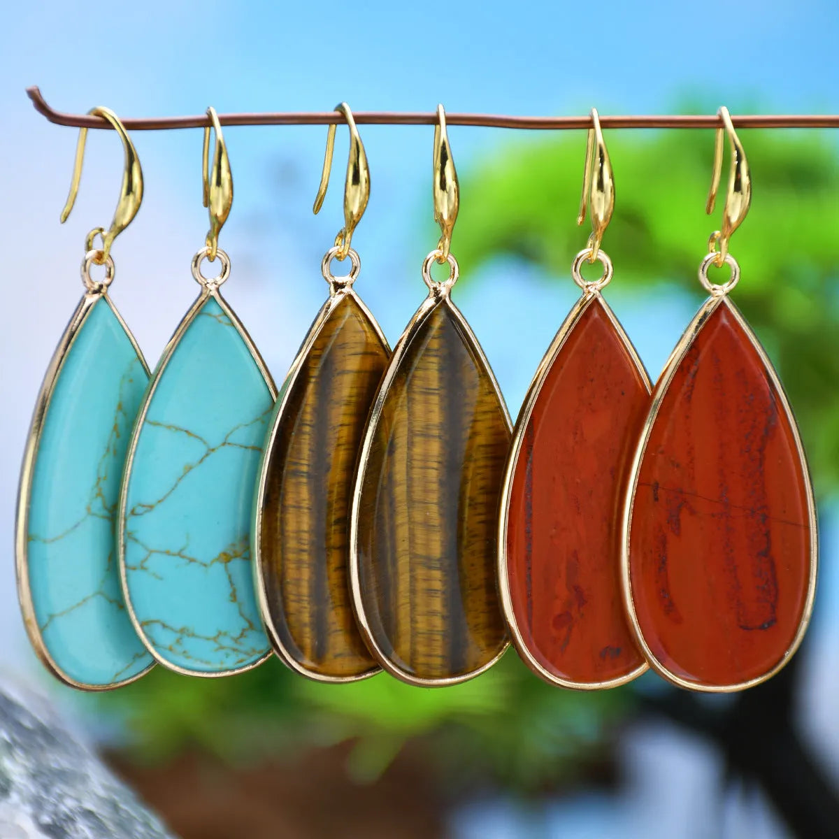 Handmade vintage stone drop earrings in Tigereye, amethyst and crystal colours