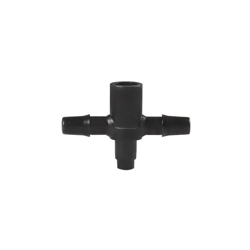 White PE plastic tee water distributor joint for micro spray irrigation system.