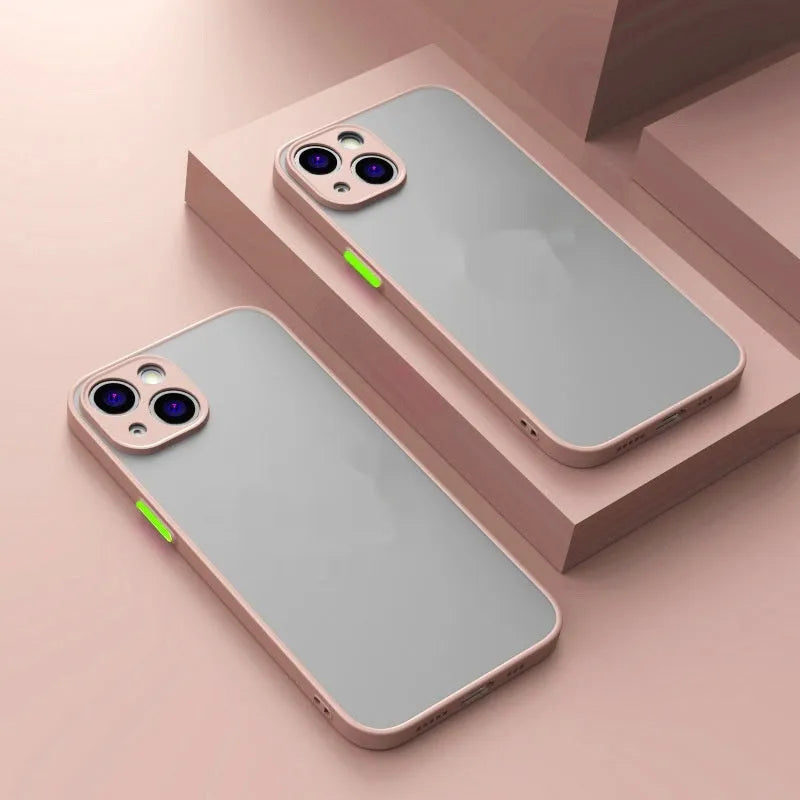 Frosted skin magnetic suction iPhone case in multiple colours on a table