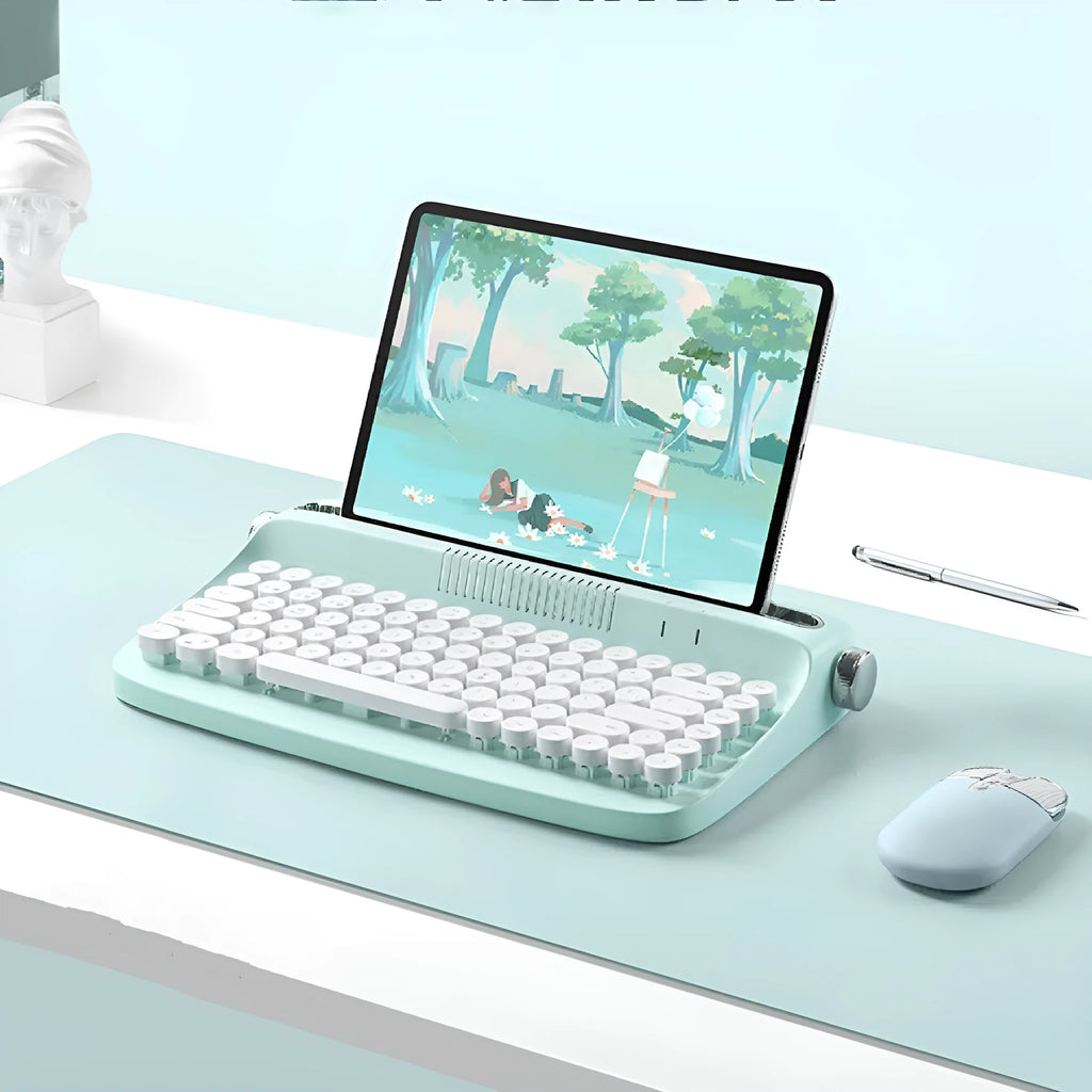 Retro Bluetooth keyboard and mouse set with adjustable bracket in beige colour for iPad