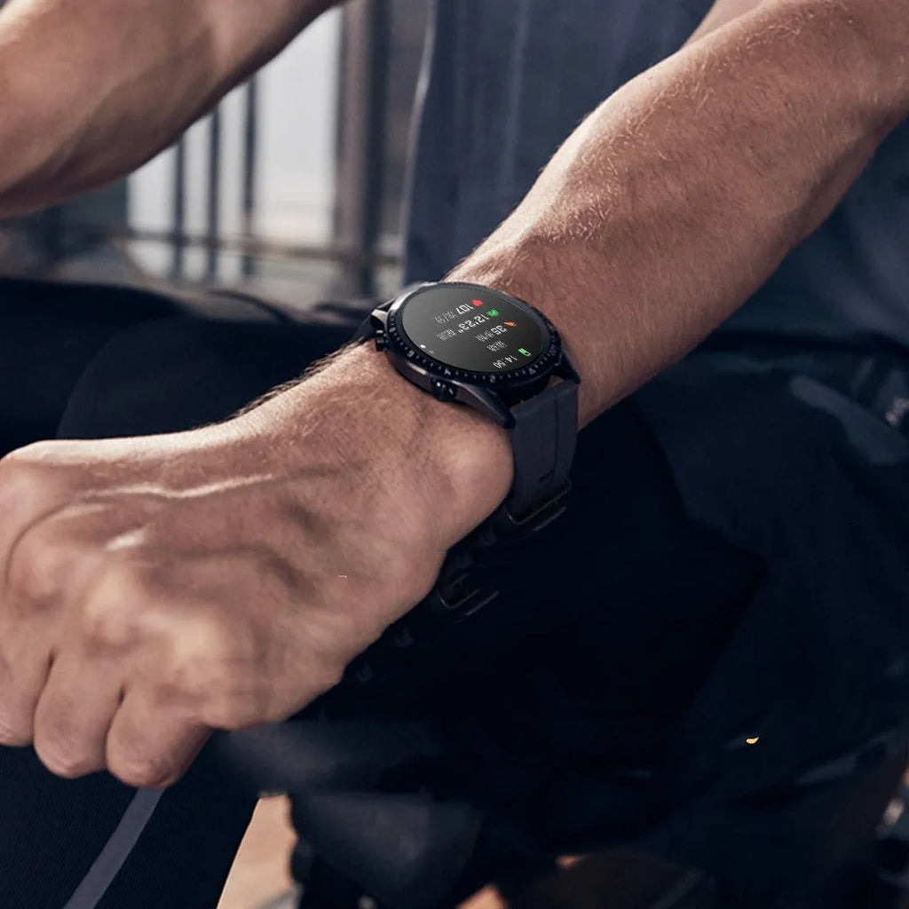 Round smart Bluetooth calling watch with aluminium alloy case on wrist, showing touch screen interface.