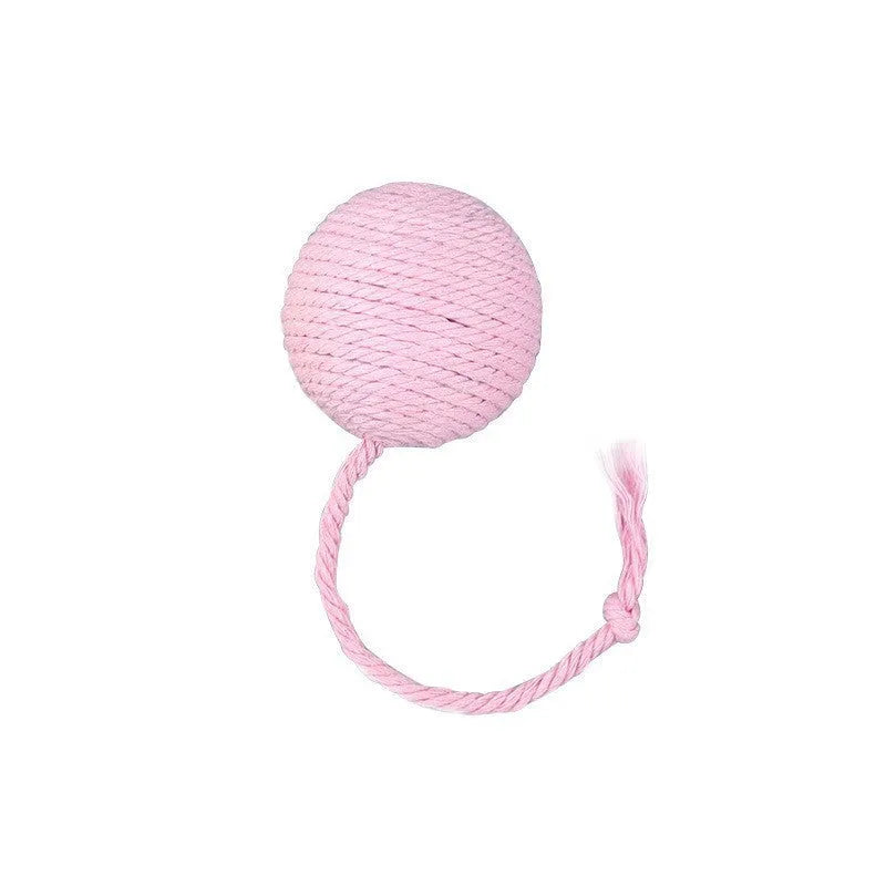 Colourful cat toy ball with an attached rope and built-in bell for kittens, shown in green, pink, purple, and yellow.