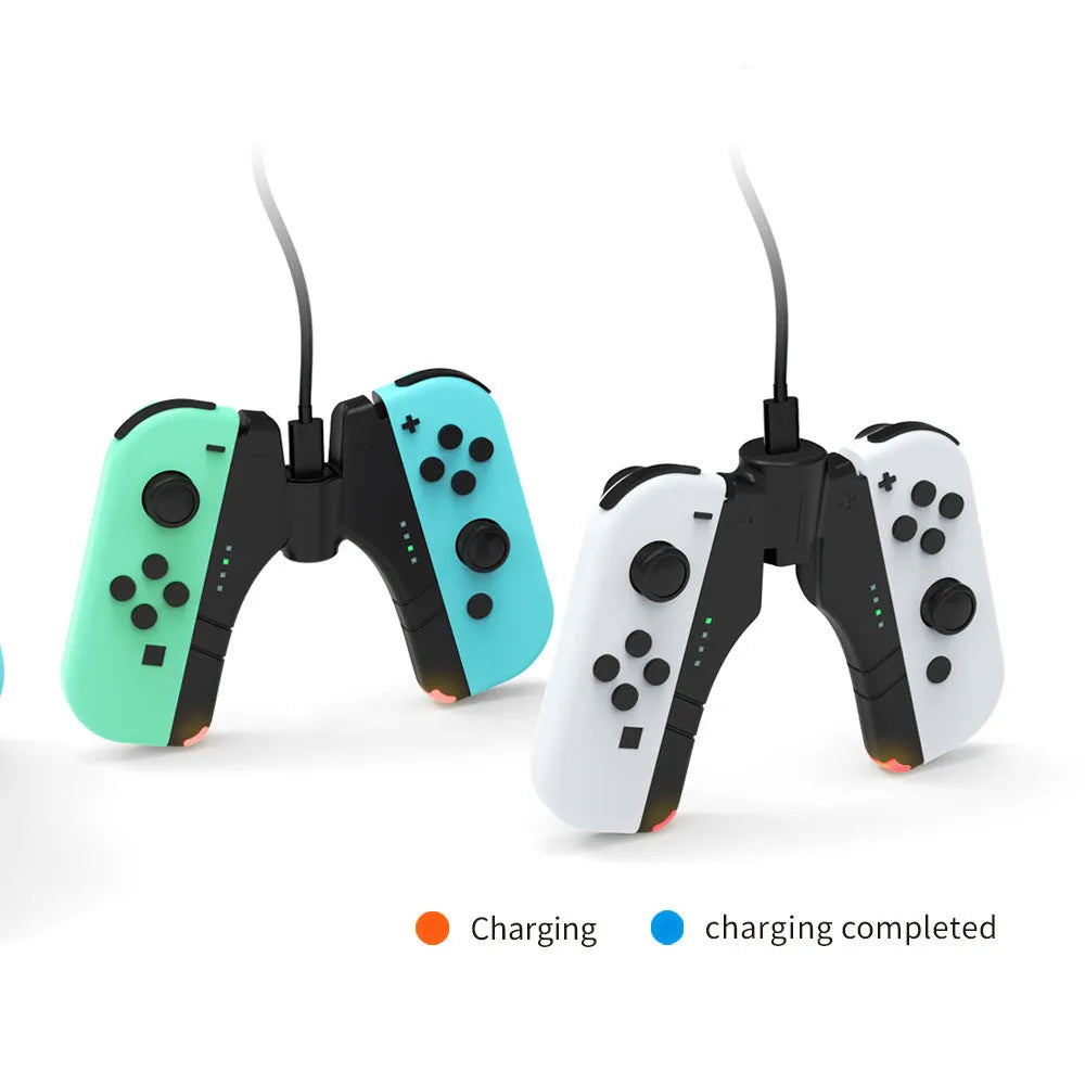 Black ABS four-in-one Joy-Con charger holder with Type-C interface for Switch OLED and Switch rod end.