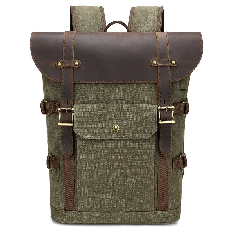 Army Green canvas computer backpack with crazy horse leather detailing and USB charging port