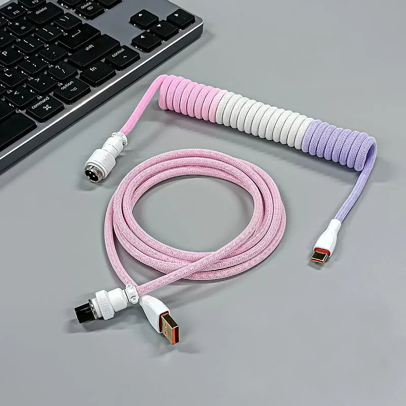 Handmade spiral stretch USB keyboard data cable 150cm with metal spring interface in pink blue colour