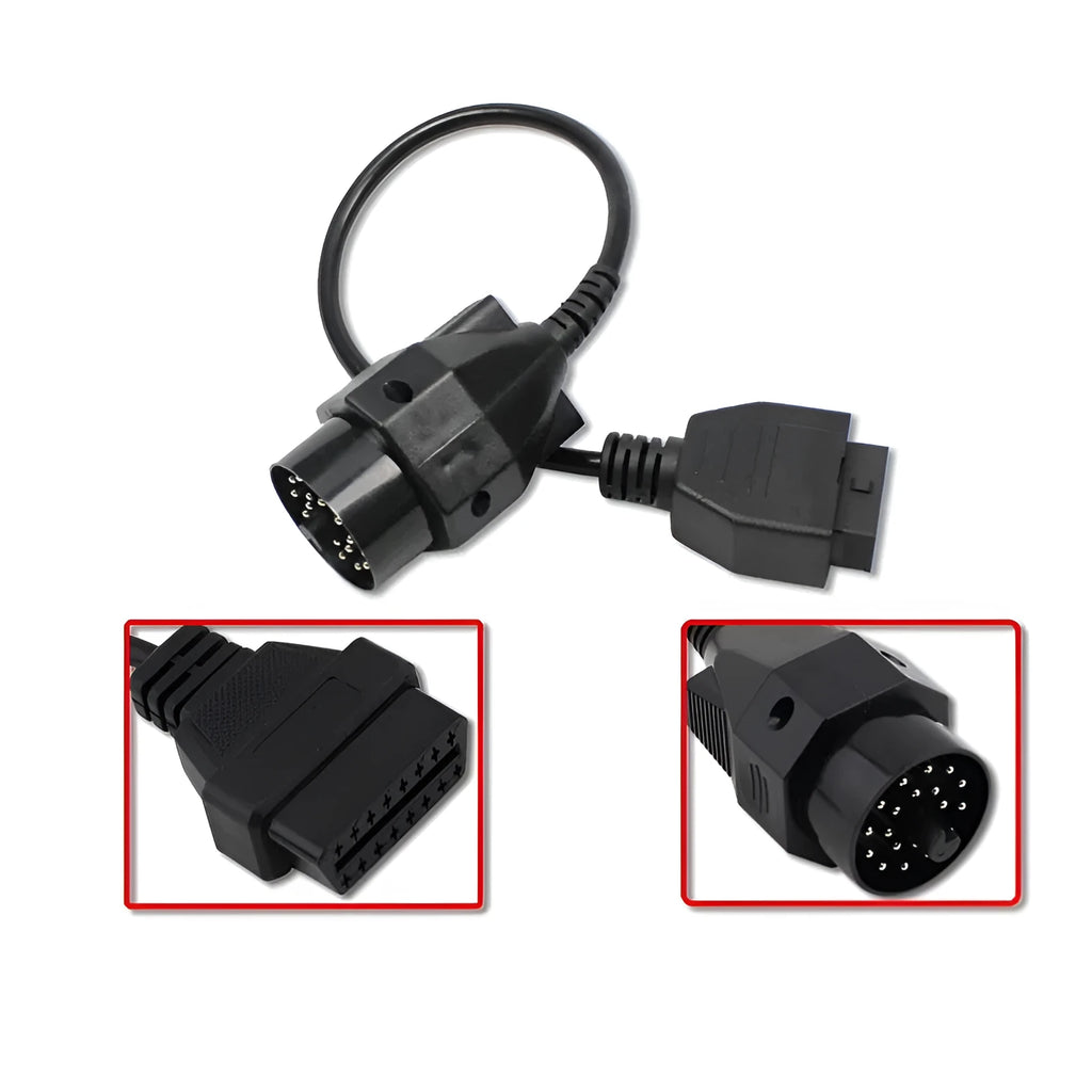 OBD2 adapter cable with a BMW 20-pin connector on one end and a standard 16-pin OBD2 connector on the other.
