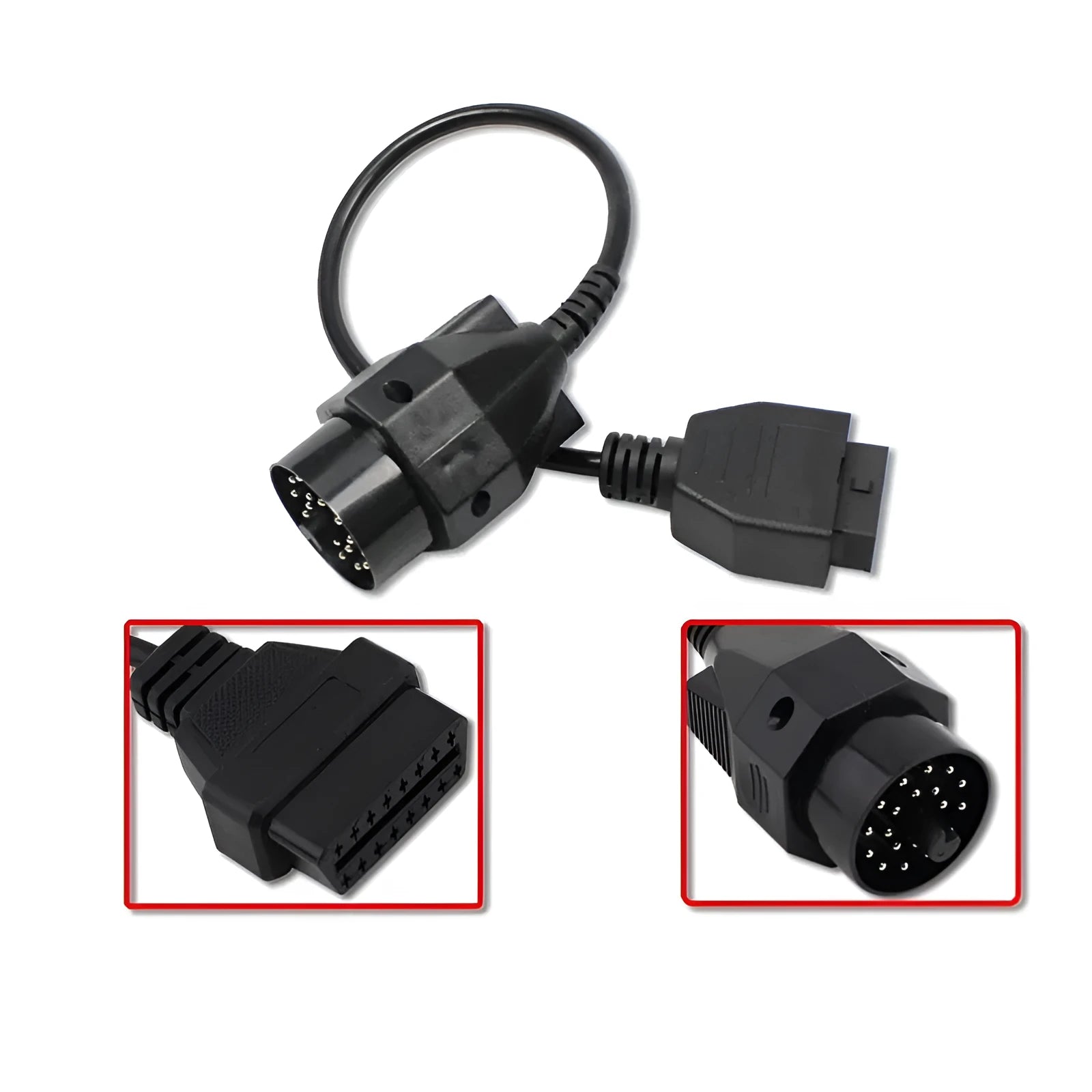 OBD2 adapter cable with a BMW 20-pin connector on one end and a standard 16-pin OBD2 connector on the other.