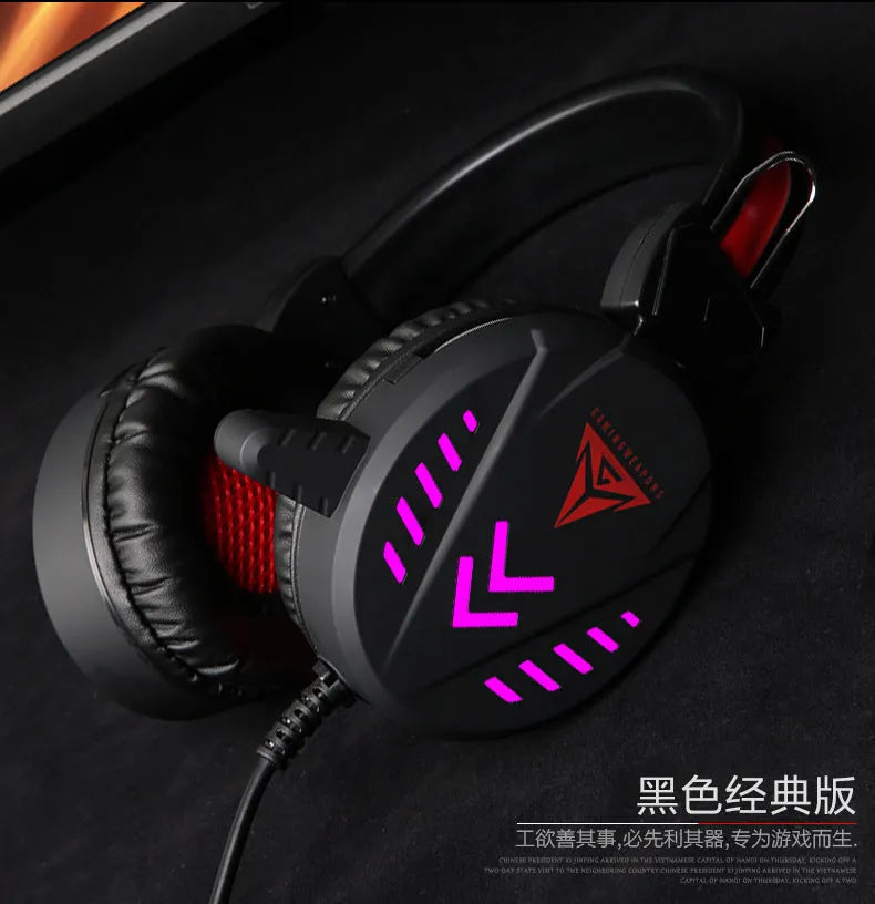Black luminous wired gaming headset with microphone and over-ear cups for PC.