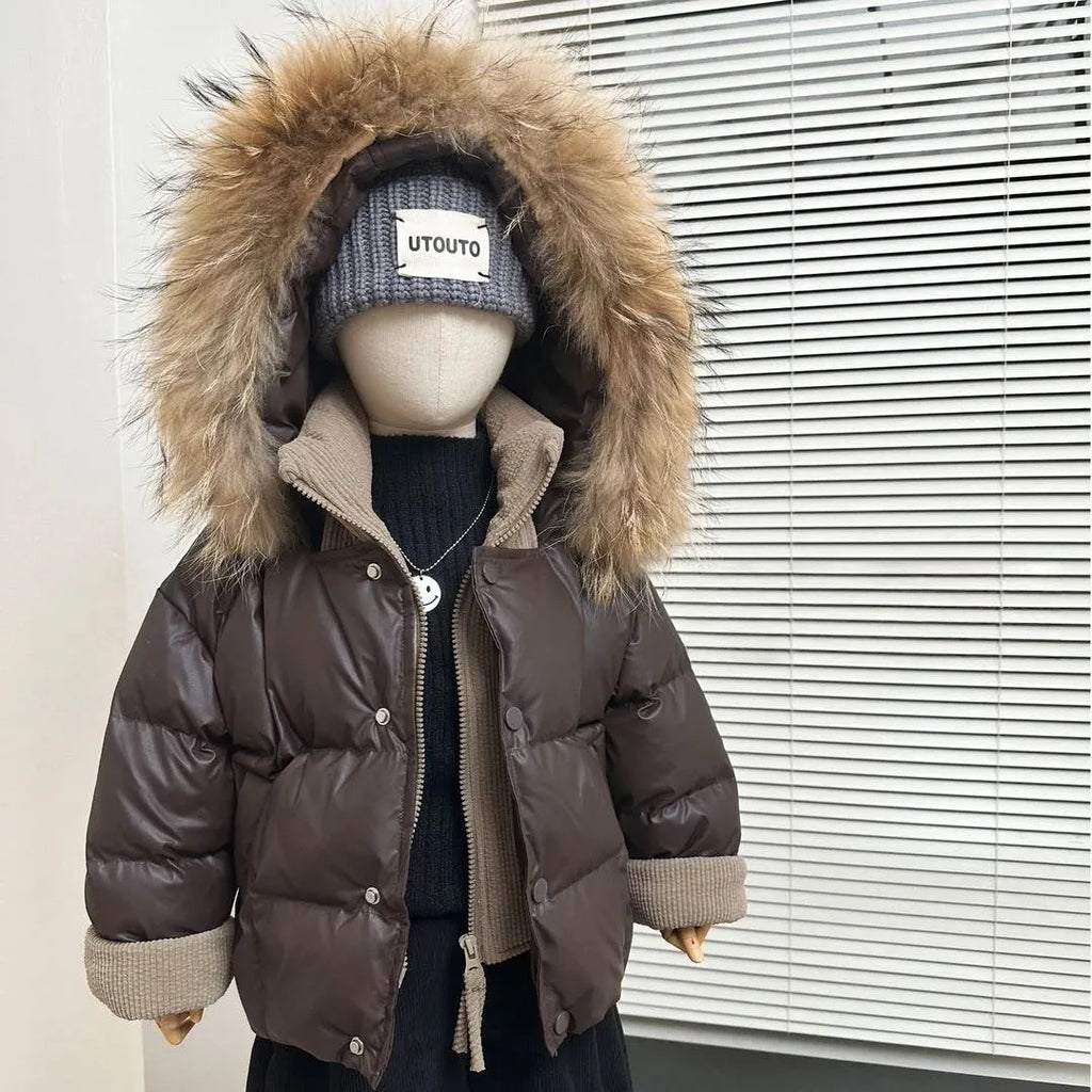 Children's brown fake two-piece winter jacket with polyester fibre padding, available in heights 110cm to 160cm.