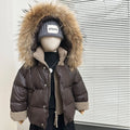 Children's brown fake two-piece winter jacket with polyester fibre padding, available in heights 110cm to 160cm.