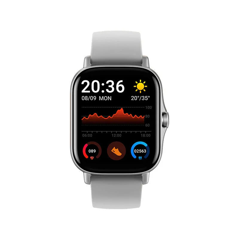 GT20 smart watch with black alloy case and silicone strap showing 1.75-inch touch screen display