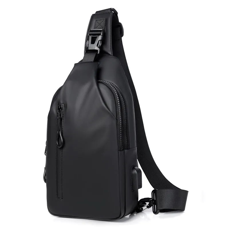 Black sling crossbody backpack for men with zip closure and soft handle, solid colour