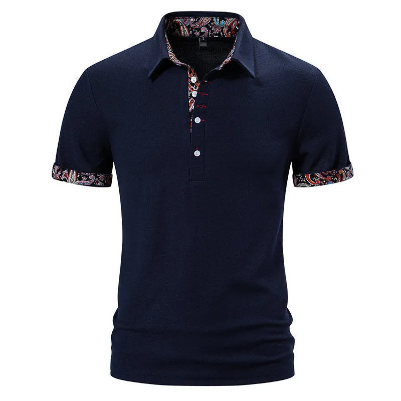Men's black polo shirt with colour stitching detail on the turnover collar and short sleeves.