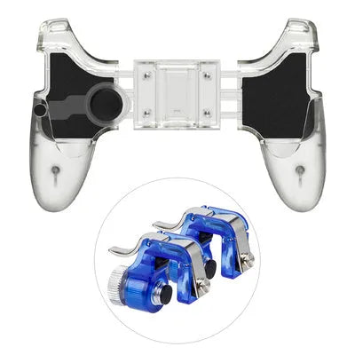 Black plug-in mobile phone gamepad with textured rubber grips and two trigger buttons attached to a smartphone.