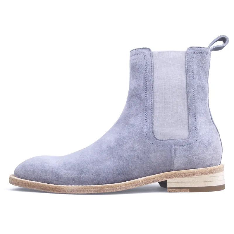 Handmade men's genuine cow suede retro boots with round toe and medium tube height