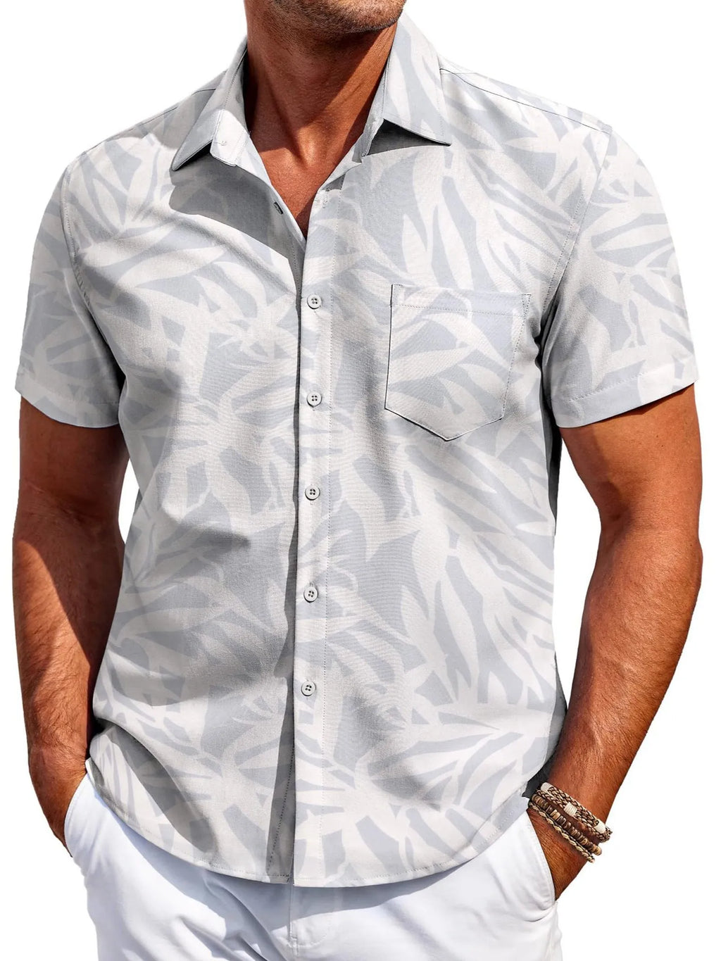 Man wearing a slim fit, short sleeve cardigan-style shirt in elastic polyester fabric.