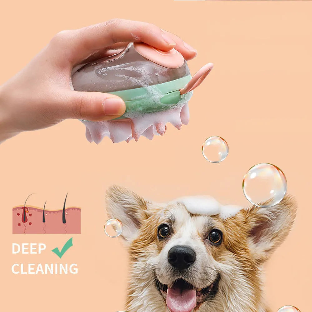 2 in 1 pet bath brush with shampoo dispenser, silicone massage head, non-slip grip, blue or green, 85g