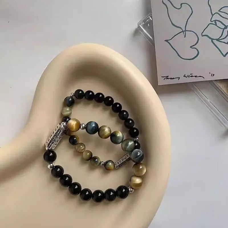 Tigereye Obsidian S925 sterling silver Six Words Mantra couple bracelet with geometric Chinese-style design