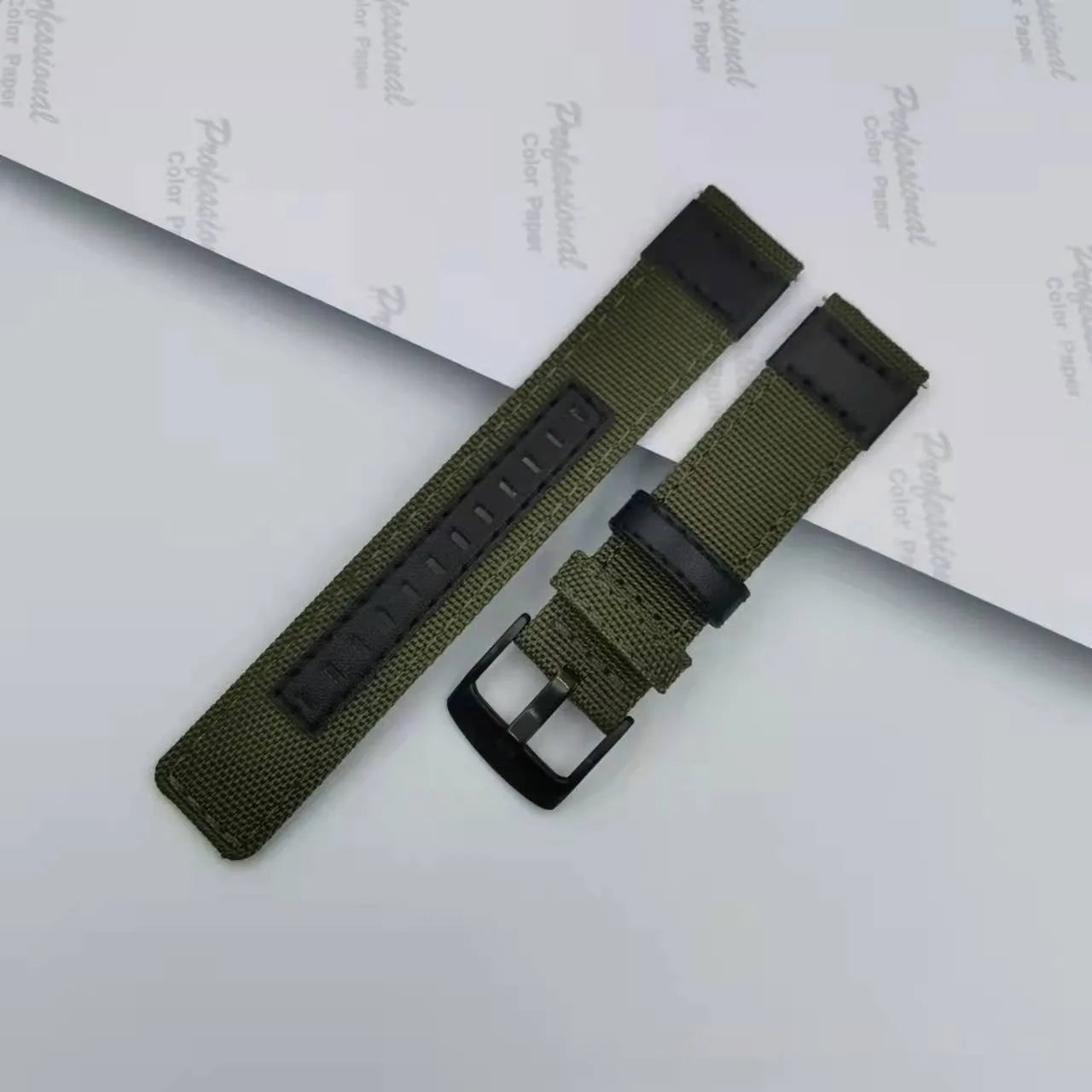 Oxford cloth watch strap in camouflage colour showing buckle and textured fabric, representative of the 20mm-24mm width options.
