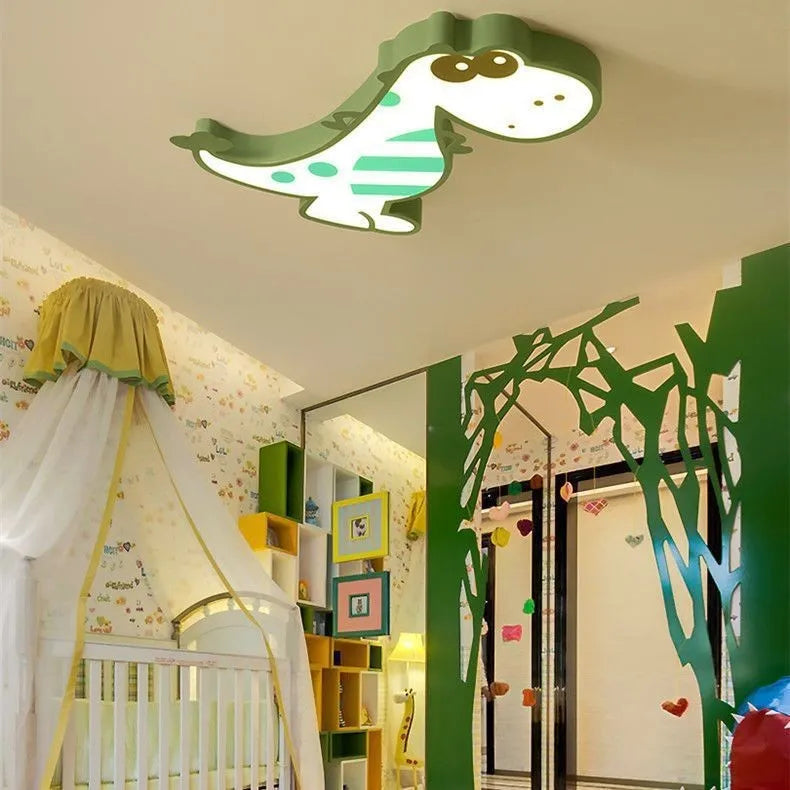 Green cartoon dinosaur ceiling light with aluminium body and PVC shade showing dimming feature