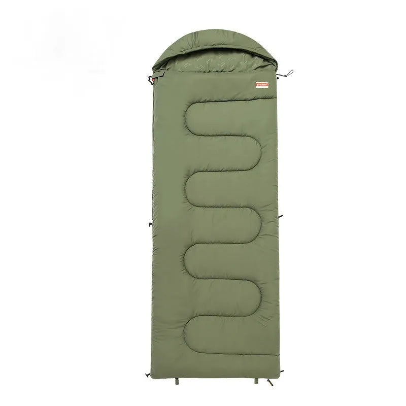 Ochre and olive green portable cotton camping sleeping bag quilt laid flat.