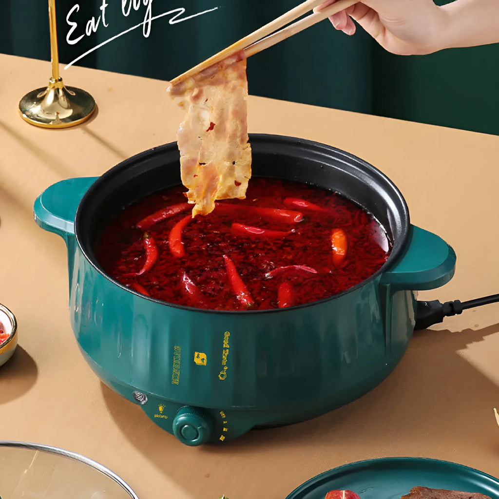 Integrated electric hot pot with non-stick coating and stainless steel body in green colour