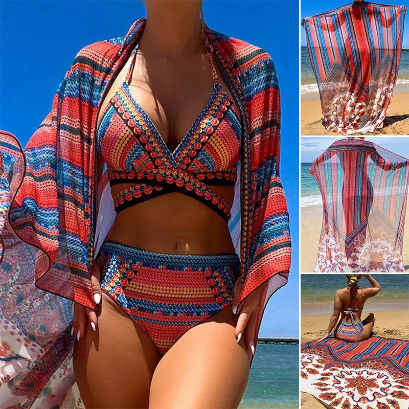 Women's three-piece split swimsuit set with high-waist briefs and a cutout blouse, shown in the pictured colour.