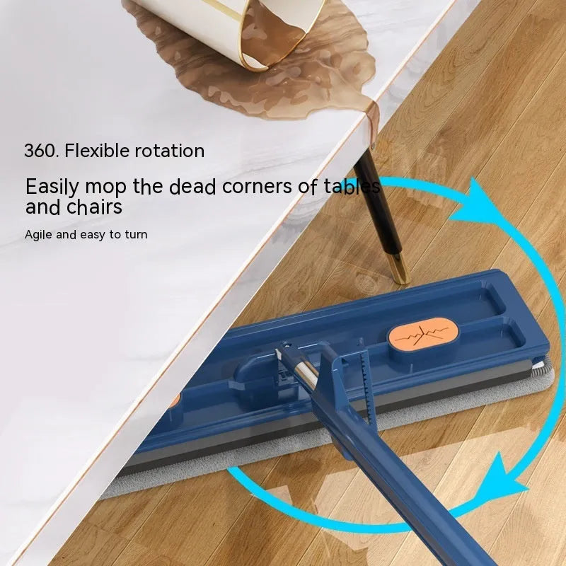 Large blue flat mop with rotating head and long stainless steel handle for hard floor cleaning